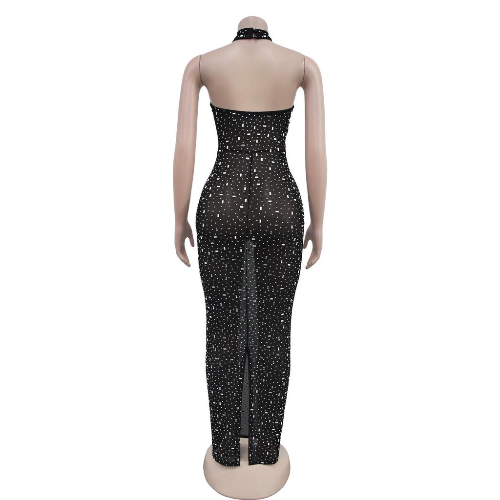 Robe Longue Ajustée à Strass pour Femme - Mode Europe & Amérique