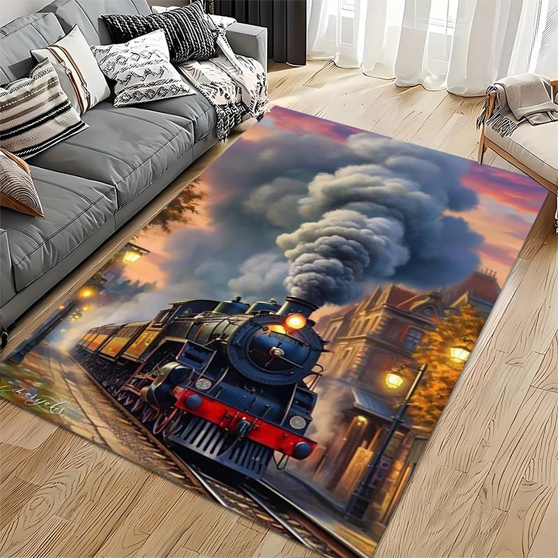 Black Steam Locomotive, Vintage Style, Full of Power Suitable for Use As an Anti-slip Game Mat for Living Room and Bedroom Sofas