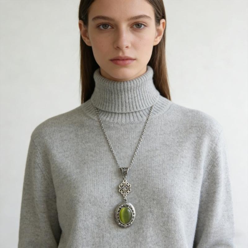 Fantasy Themed Oval Pendant Necklace Gothic Victorian Neckchain Stylish Jewelry With Vintage Gemstones