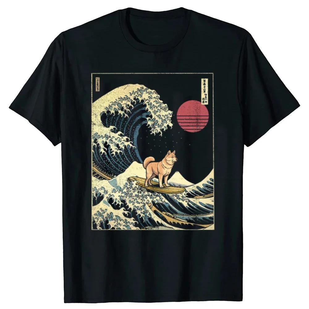 Funny Shiba Inu Japanese Surf Wave Pattern Tshirt Mens Cotton Humorous Street Style Shortsleeved Tshirt Unisex Loose Y2K