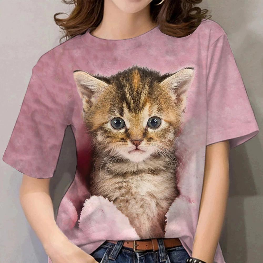 Top de vară cu gât rotund, cu model 3D cu pisică imprimat, la modă, casual, cu mâneci scurte, tricouri de damă