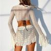 2025 European & American Solid Color Mesh Long Sleeve Beach Bikini Cover-up Women's Four-Piece Swimsuit Set