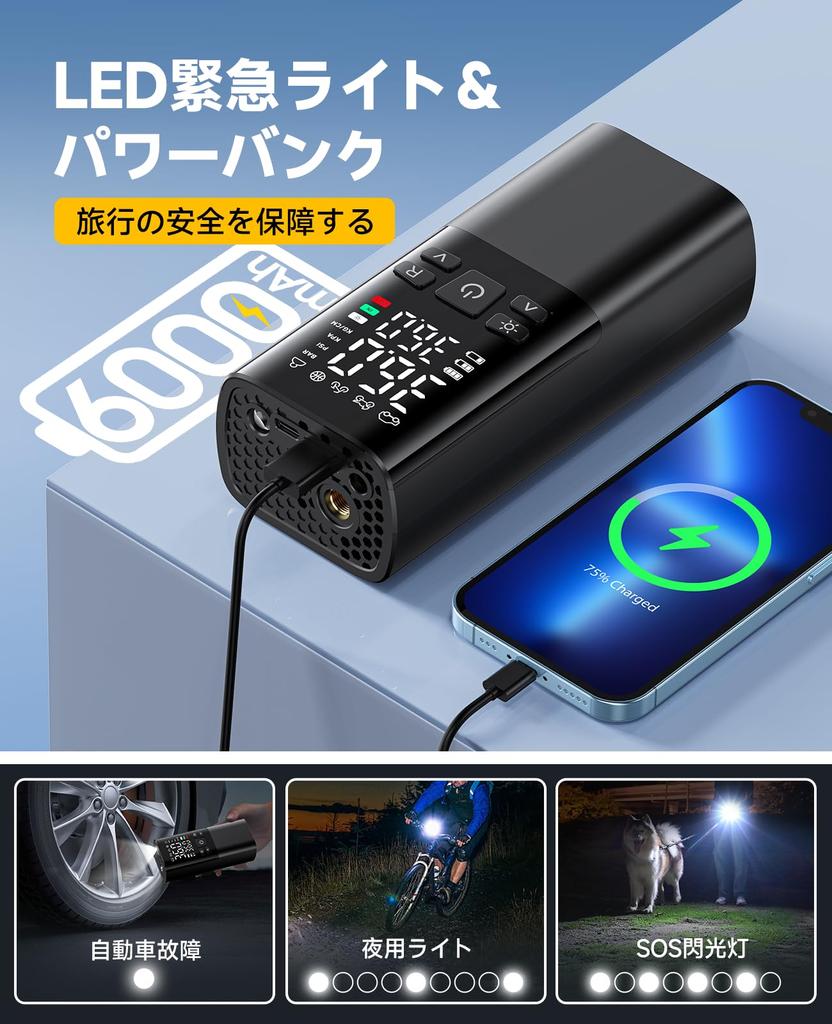 Electric Bicycle Pump for Motorcycles and Auto Maximum Pressure of 150 Fast 6000mAh Compatible with and American Style Includes Lighter LED and