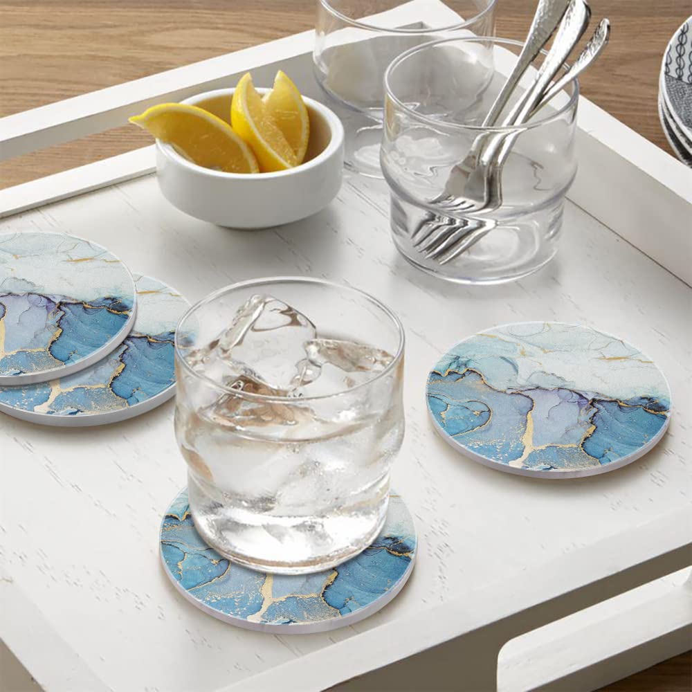 HAOCOO Stylish Ceramic Coasters with Marble Pattern and Cork Backing, Round, Set of 4, for Mugs and Tea Pads, Insulation, Better than Diatomaceous