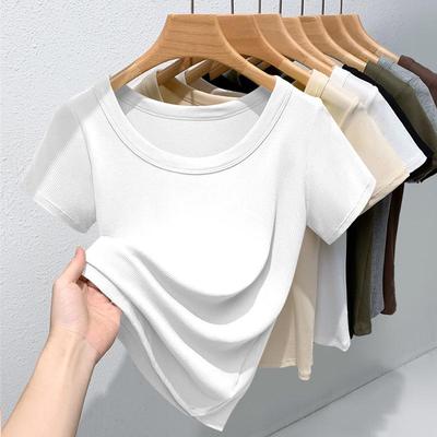 Women's High-Quality Ribbed Round Neck Short Sleeve Slimming T-Shirt – Versatile, Stretchy, Solid Color Summer Top