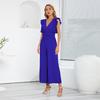 Women Slim High Waist Wide Leg Jumpsuit Sleeveless Ruffle V Neck Pleated Pants