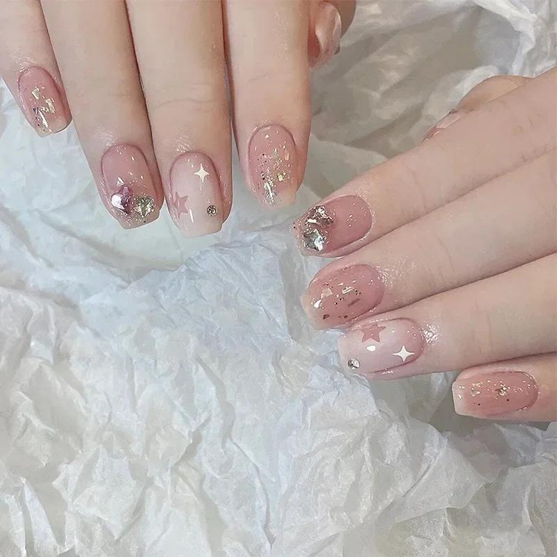 

24 шт. Съемные короткие накладные ногти под давлением со стразами, накладные ногти с клеем, балетные, милые, крутые девчачьи искусственные накладные кончики ногтей 60