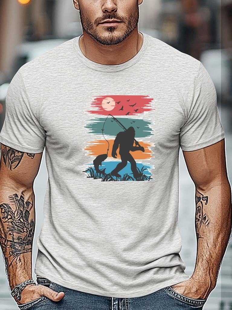Mens Summer Fishing TShirt Bigfoot Catch Fish Print Short Sleeve Round Neck Breathable Soft Outdoor Daily Wear