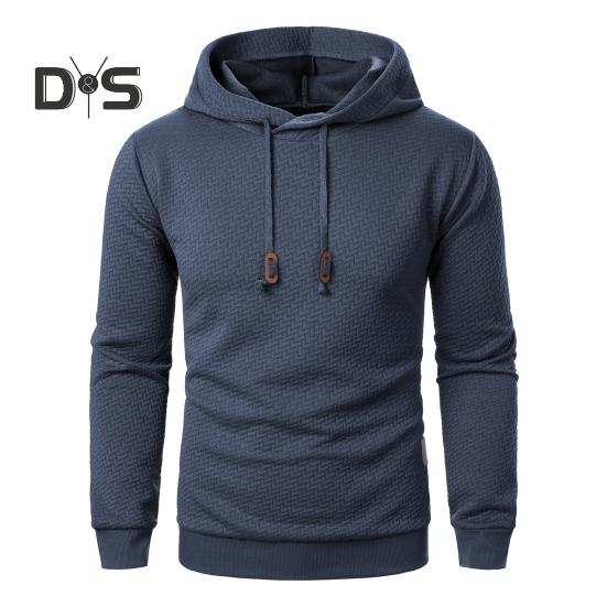 Men Fall Winter Hoodie Solid Color Drawstring Long Sleeves Jacquard Design Hooded Elastic Cuff And Hem Thin Daily Wear Casual Sport Top