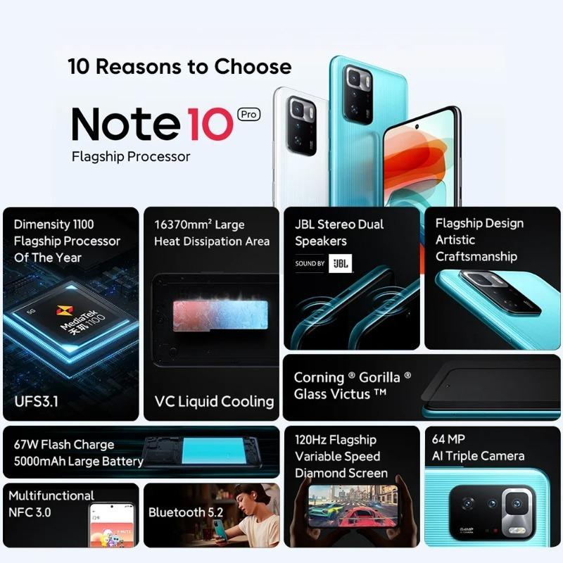 Xiaomi Redmi Note 10 Pro 8GB+128GB Globale ROM Dimensity 1100 Octa-Core 120Hz 6,6" FHD+ Display 64MP 5000mAh NFC 5G Smartphone