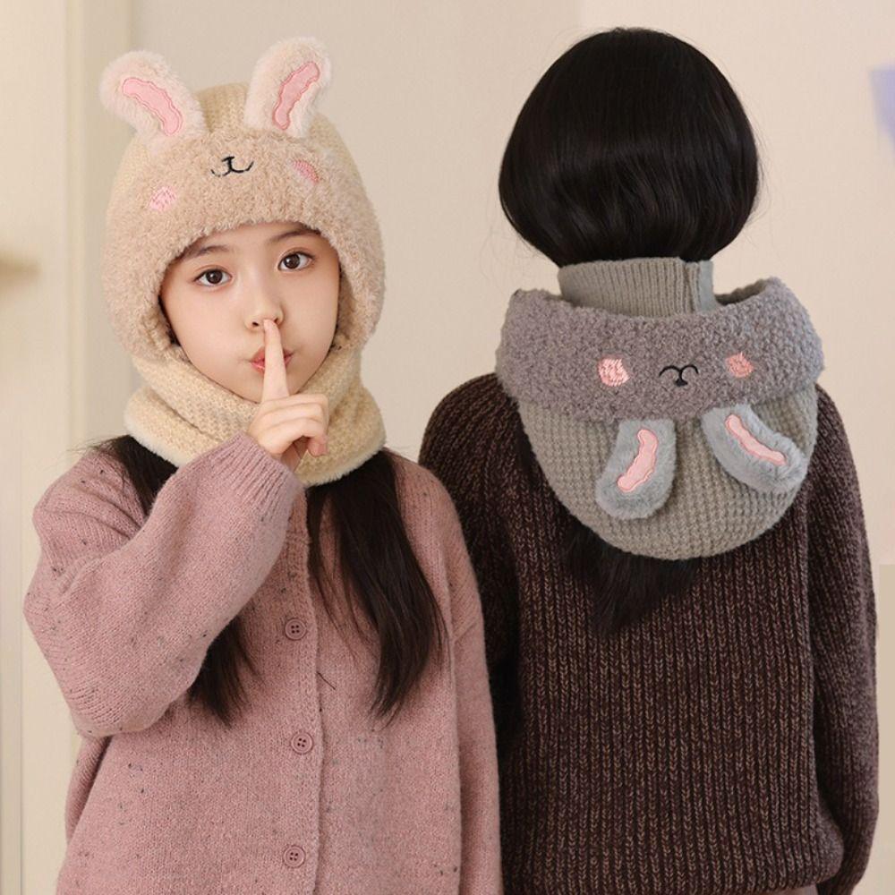 Knitted Beanie Rabbit Ear Winter Hat Plush Face Guard Neck Warmer Pullover Cap  Infant Cap