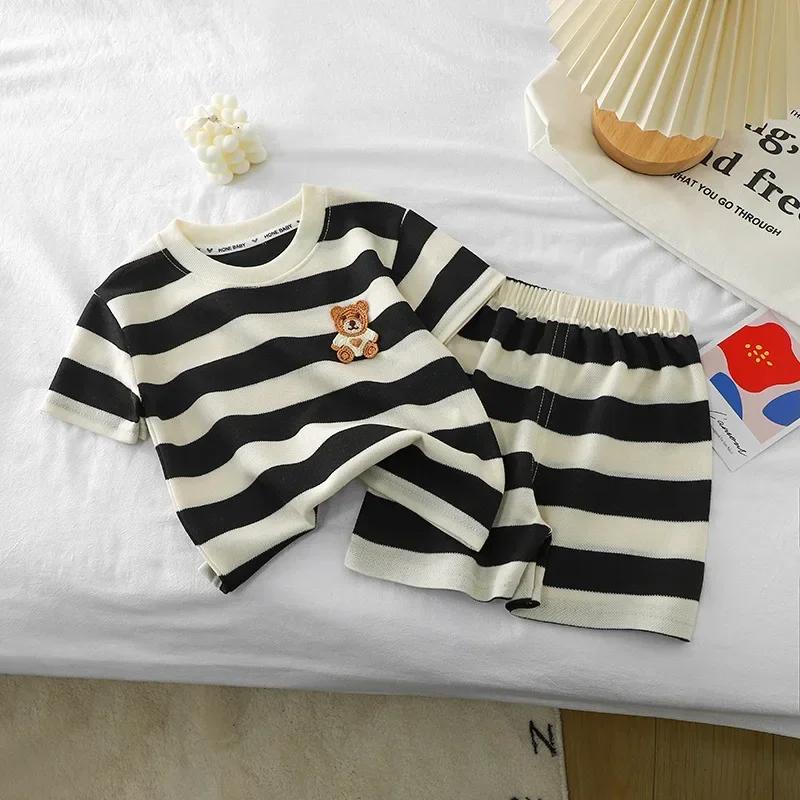 Summer Children Sets Boys Girls Short-sleeved Striped T-shirt +Shorts Set Babies Fashion Round Neck Tracksuits Kids Suits