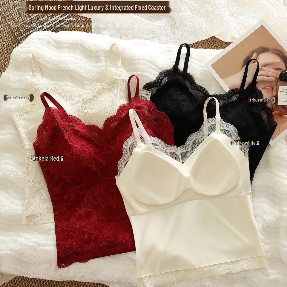 Ice Silk Lace Camisole with Built-in Bra Pads and Stylish Back