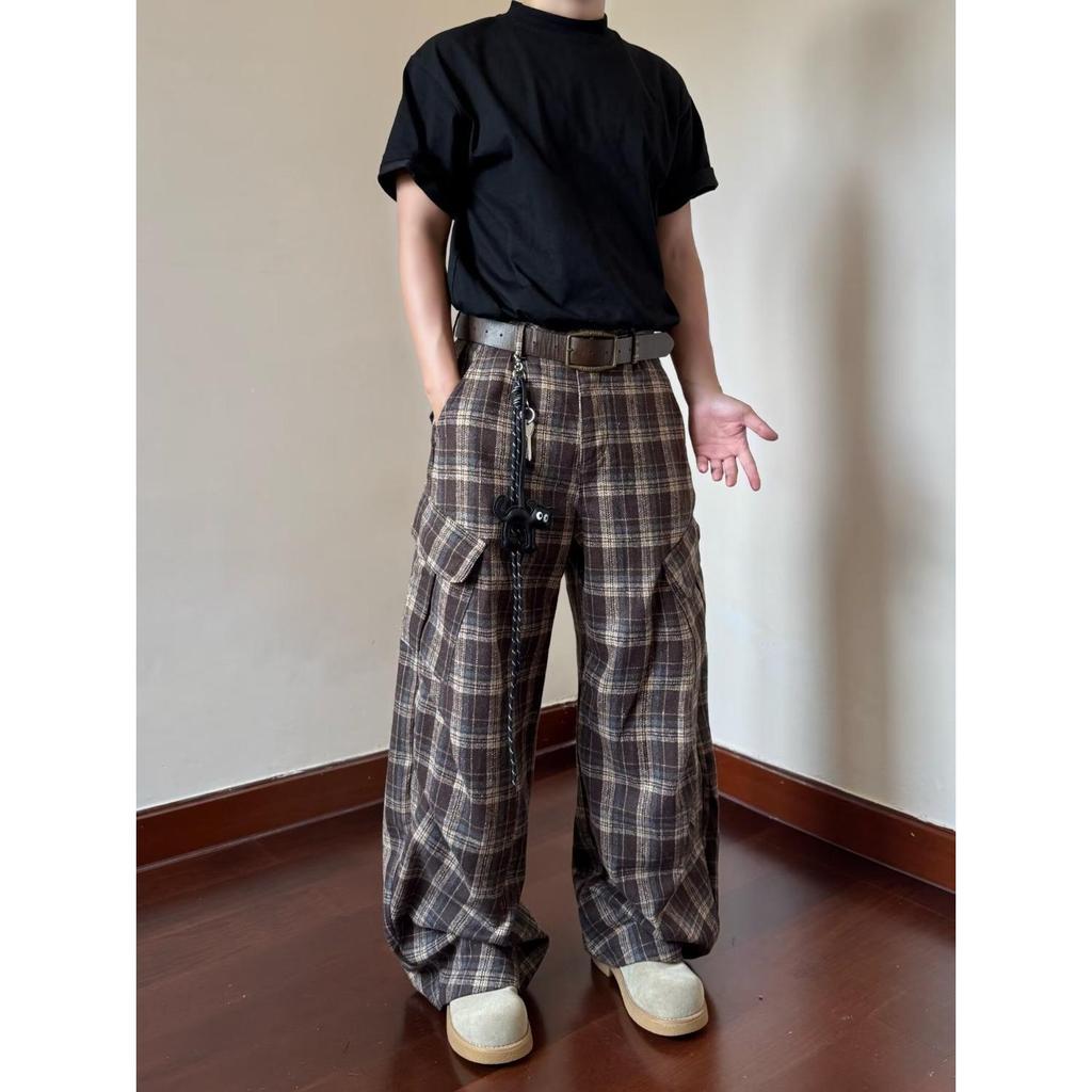 Trendy Japanese Plaid Curved-Leg Workwear Pants