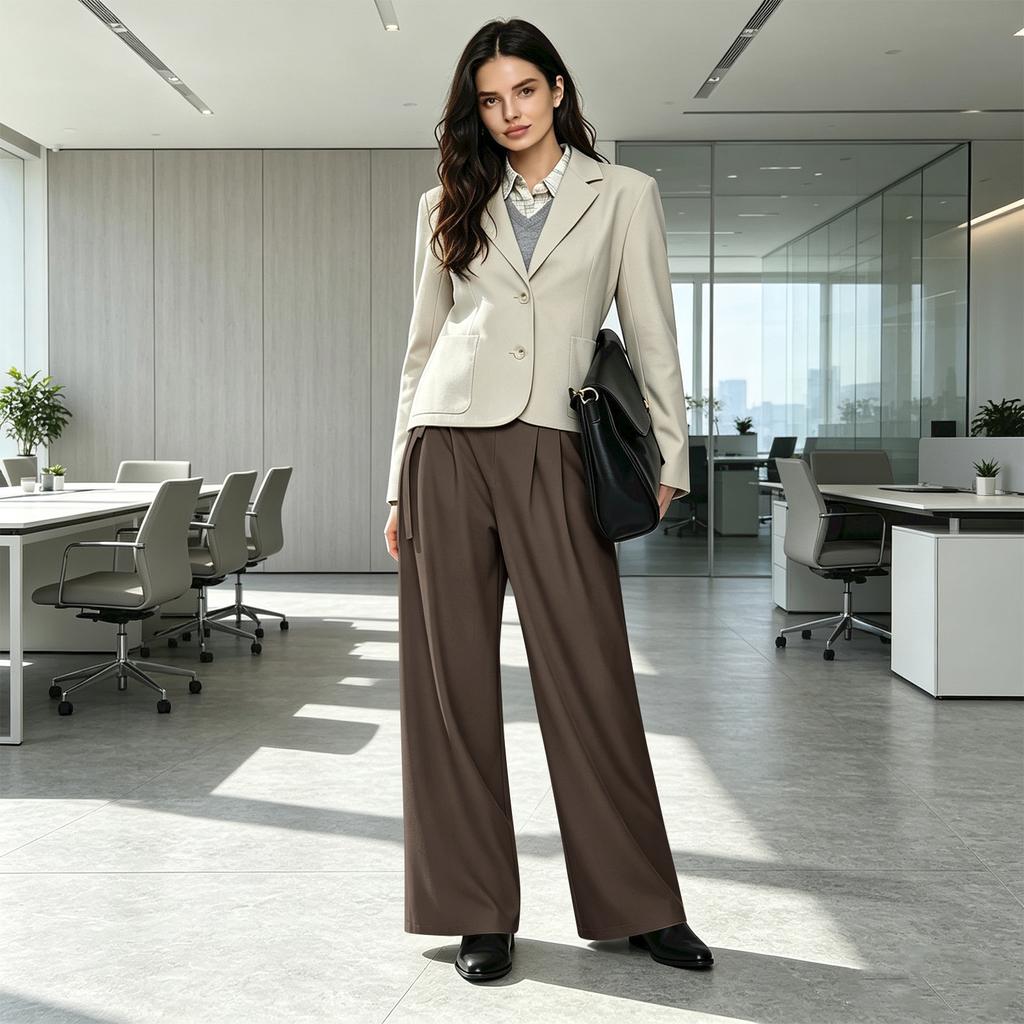 Women's Mid- Pleated Wide Leg Pants with Tie Waist, Loose Fit Casual Long Trousers for Daily Wear
