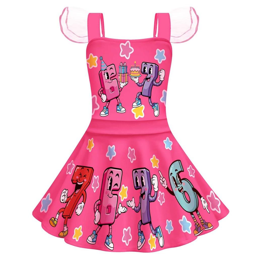 82956 Vestito da bambina a rete senza maniche con stampa 67 e volant