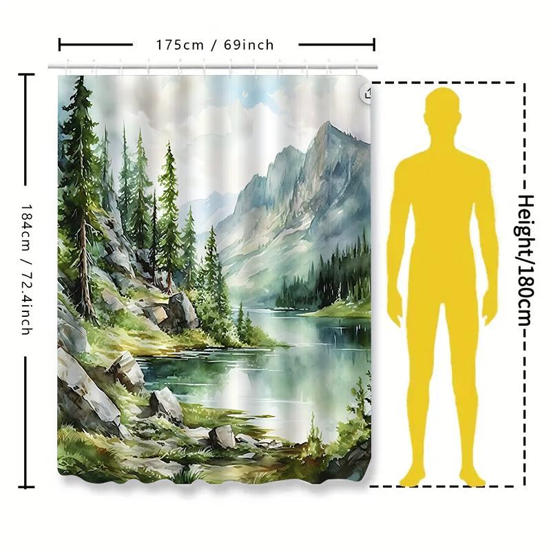 Watercolor Mountain Lake Shower Curtain Natural Landscape Bathroom Decor Featuring Trees And Rocks Waterproof Fabric