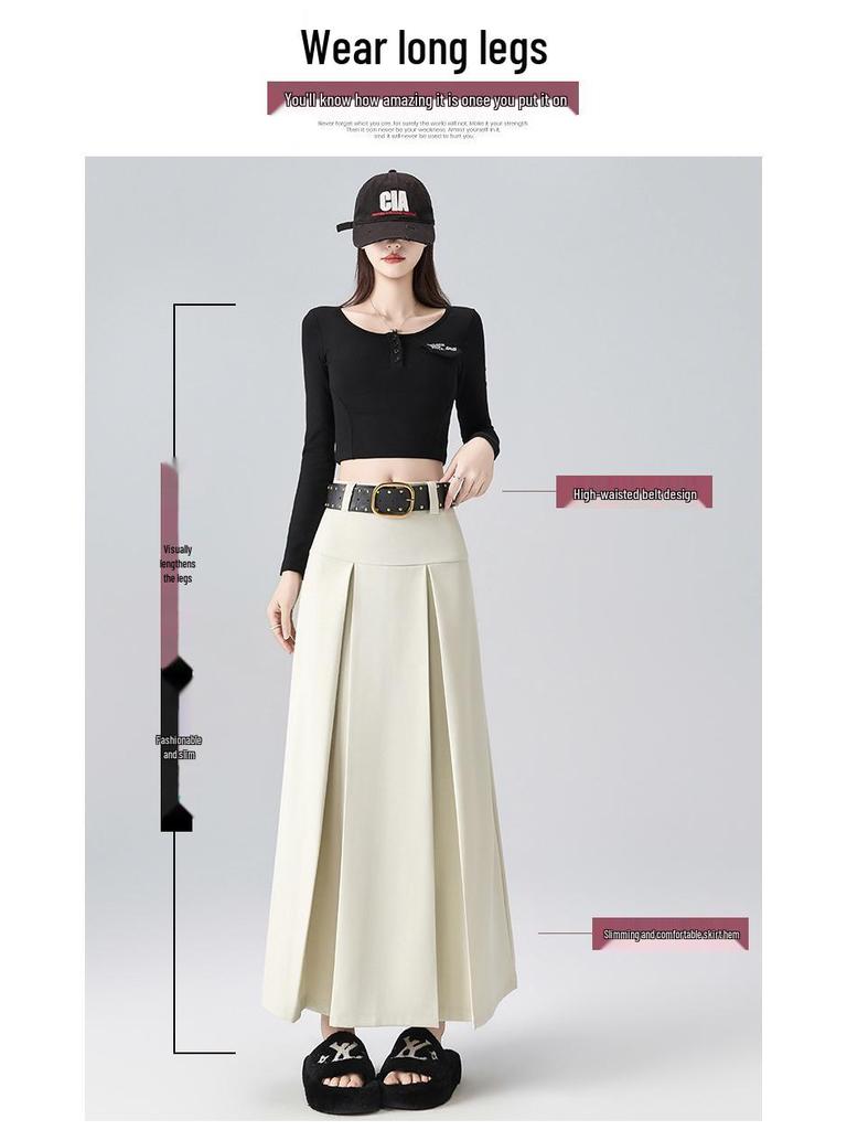 2026 Spring Women's High-Waisted Pleated A-Line Skirt with Belt - Drapey and Slimming