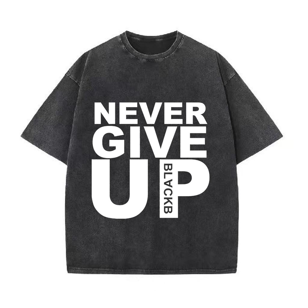 Retro Washed Vintage Women T-shirt Never Give Up Fleece Harajuku Oversized Pullover Cute Couple Valentine's Day Gift T-shirt