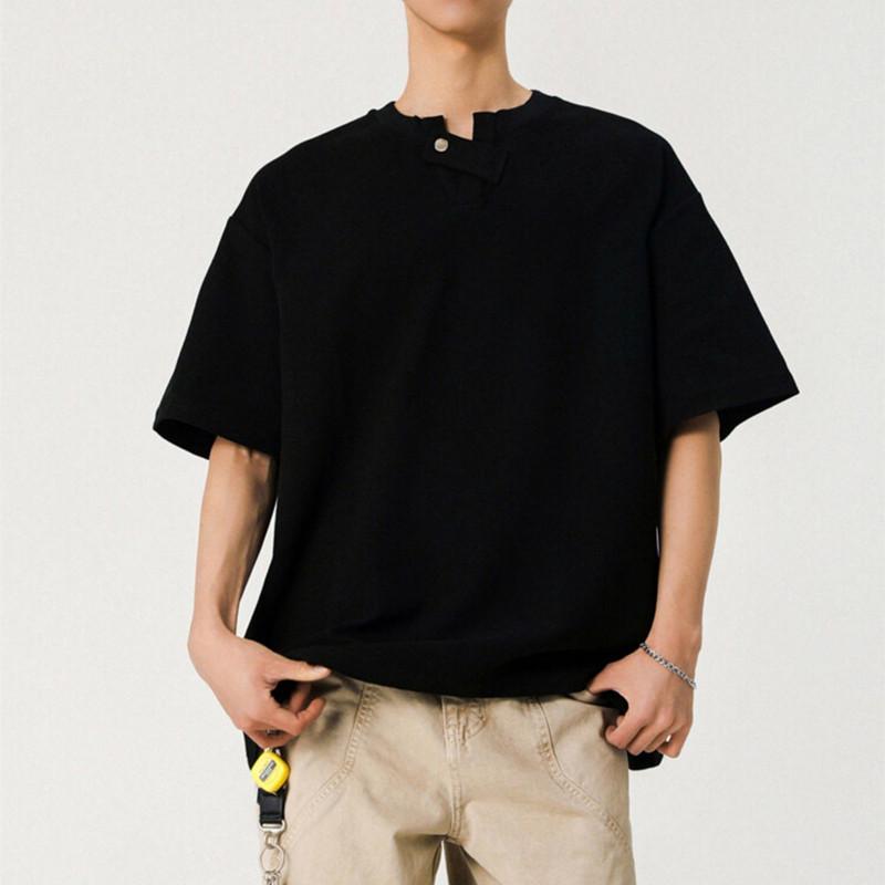 

Унисекс футболка-поло с V-образным вырезом на пуговицах, из плотного пике с коротким рукавом - Повседневная однотонная M чёрный