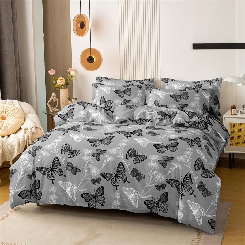 Ensemble de literie brossé motif papillon 3 pièces Taille King Housse de couette Ensemble de taies d'oreiller Housse de couette respirante et agréable pour la peau Taies d'oreiller