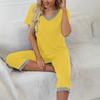 2 stk/sett Pyjamassett V-hals Kontrastfarge Kortermet løs hjemmeklær Elastisk midje Cropped Bukser Sommer