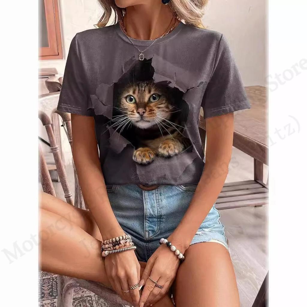 Funny Cat 3D Print Graphic T Shirt Women Fashion Casual O-Neck Oversized Short Sleeve T-shirt Animal Tops Tees Designer Clothes
