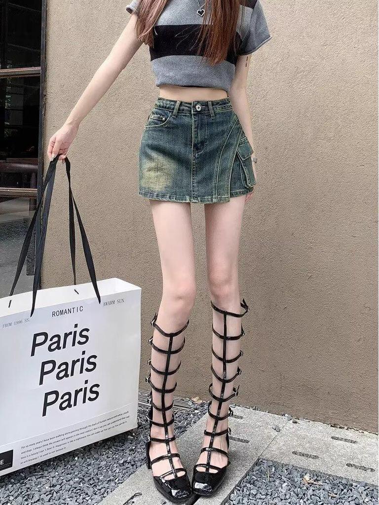 Dam Högmidjad Retro Denim A-linjekjol - Oregelbunden Slim Fit, Trendig Sommarstil