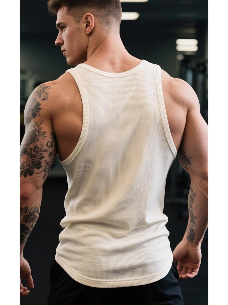 Vintage White Cotton Ribbed Tank Top for Men - Heavyweight Fitness Vest