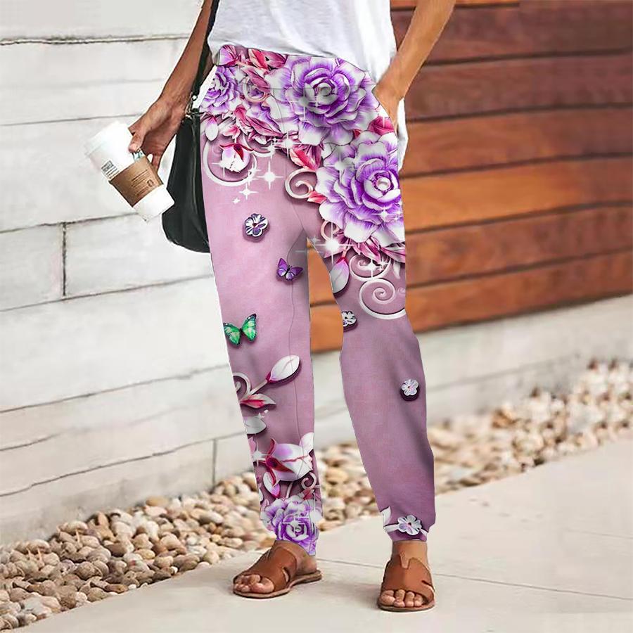 Women Flower Printing Pants Lace Up Elastic Waist Loose  Trousers Casual Long Pants Trousers with Pockets