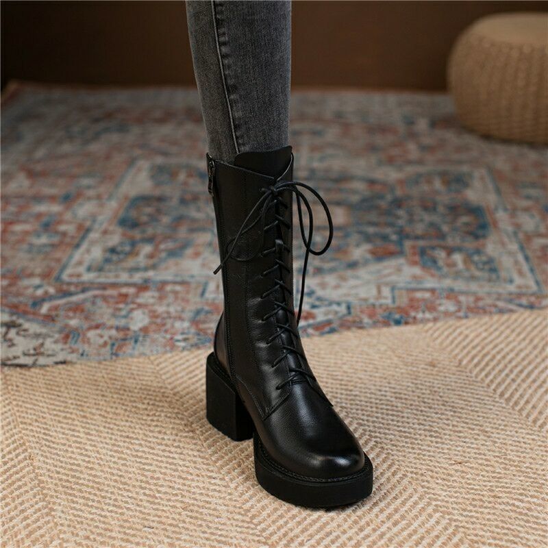 Autumn Winter Round Toe with Laces Ladies Mid Calf Shoes Black Fleece-Lined Middle Heel Women's Half High Boots 2025 New in Boot