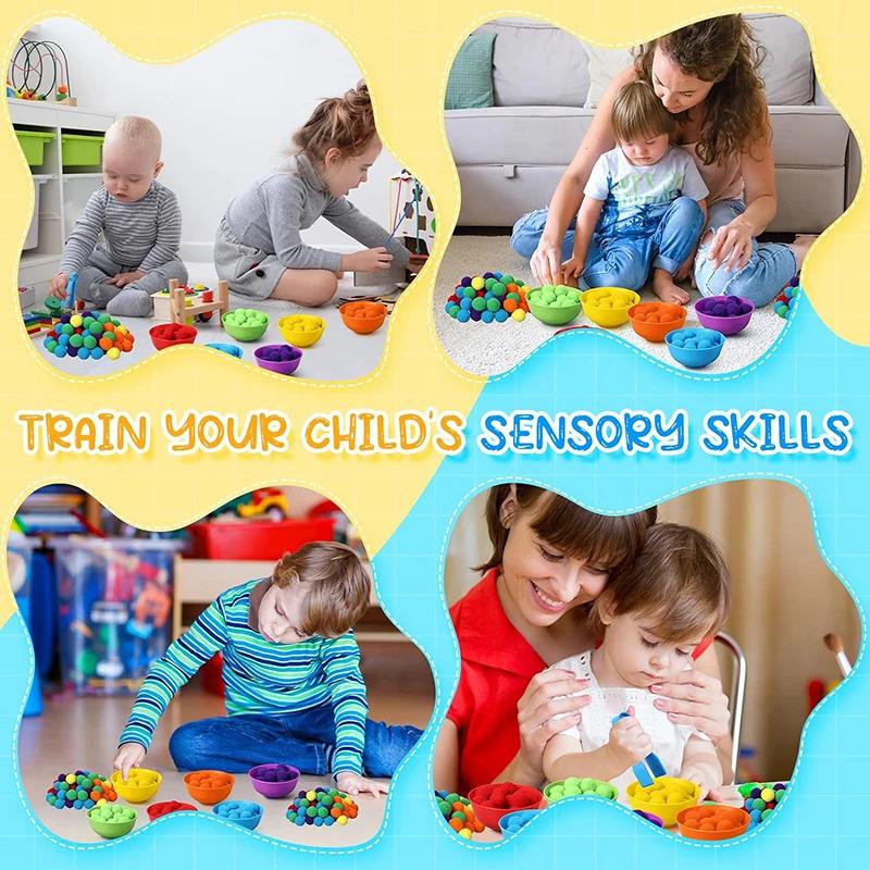 Children Counting and Sorting Toys  Pom Poms Rainbow Colors Plastic Bowls Tweezers Fine Motor Skill Chidlren Learning Toys