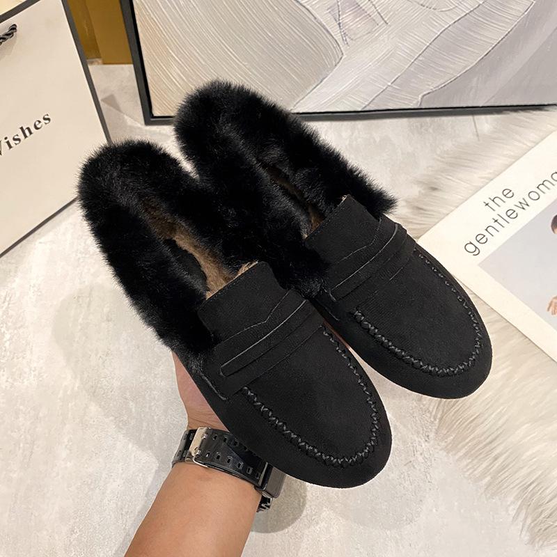 

Модные балетки из натурального кроличьего меха, женские зимние пушистые хлопковые лоферы, женская обувь для босой ноги, теплая, морозостойкая, мокасины, плюшевые пушистые ботинки 9 чёрный