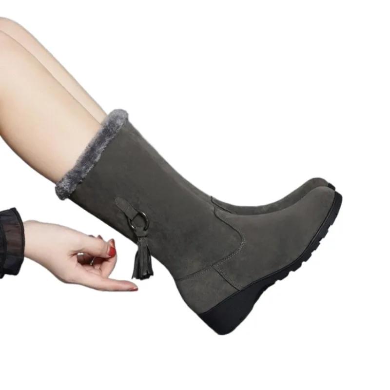 Moda 2024 Buty dla Kobiet Do Połowy Łydki Damskie Kozaki Zwięzłe Śniegowce Kobiety Frędzle Okrągły Nosek Boczny Zamek Niski Obcas Duży Rozmiar Damskie Buty