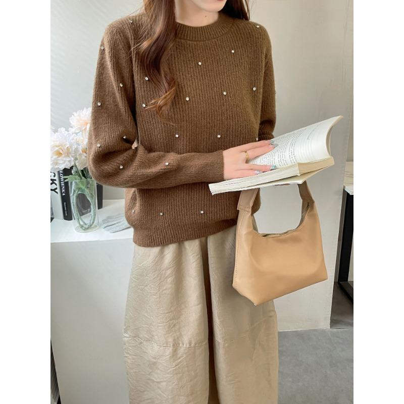 

Новый осенне-зимний вязаный свитер с рукавами «капля воды» и жемчугом, женский мягкий ворсистый эластичный свободный свитер с круглым вырезом, женский One Size темно-коричневого