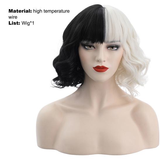 Cruella Wig Vivid Styles Wavy High Temperature Fiber Half Black Small Short Curly Cos Wig Cosplay Tools