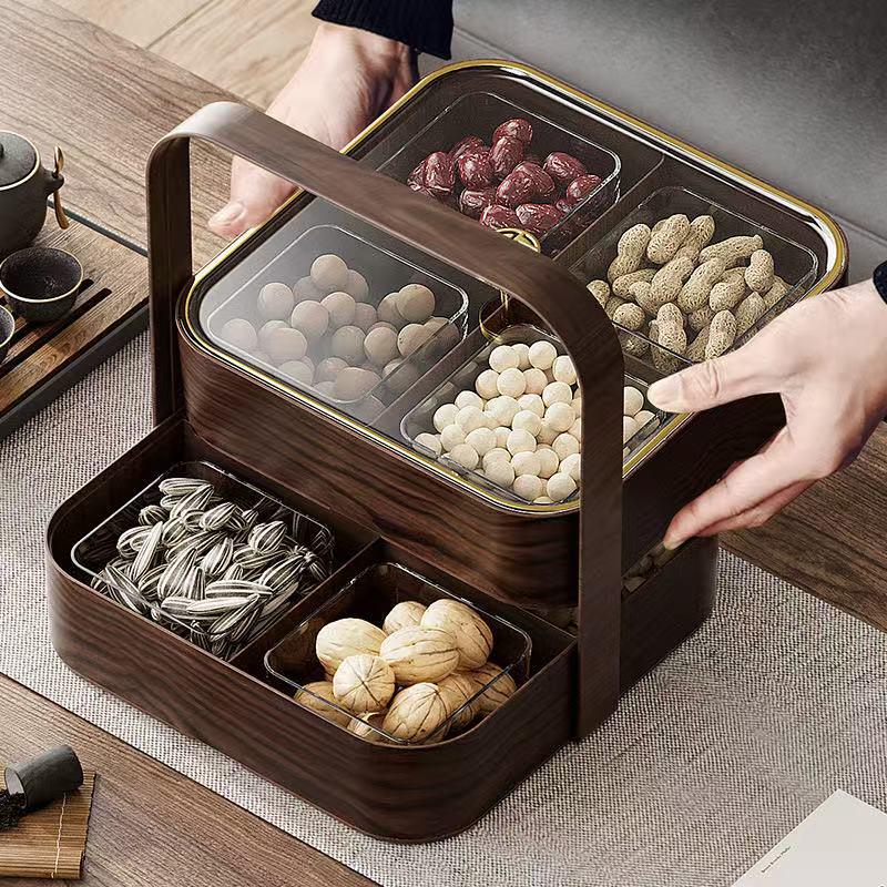 Retro Chinese-Style Wood-Inspired Dry Fruit Storage Box with Lid for Living Room Coffee Table