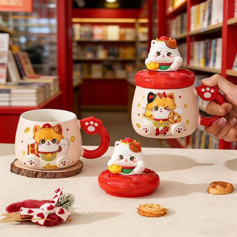 Chinese Style Lucky Cat Mug With Lid High Value Ceramic Cup Gift Water Cup Creative Gift Box Cup Girl