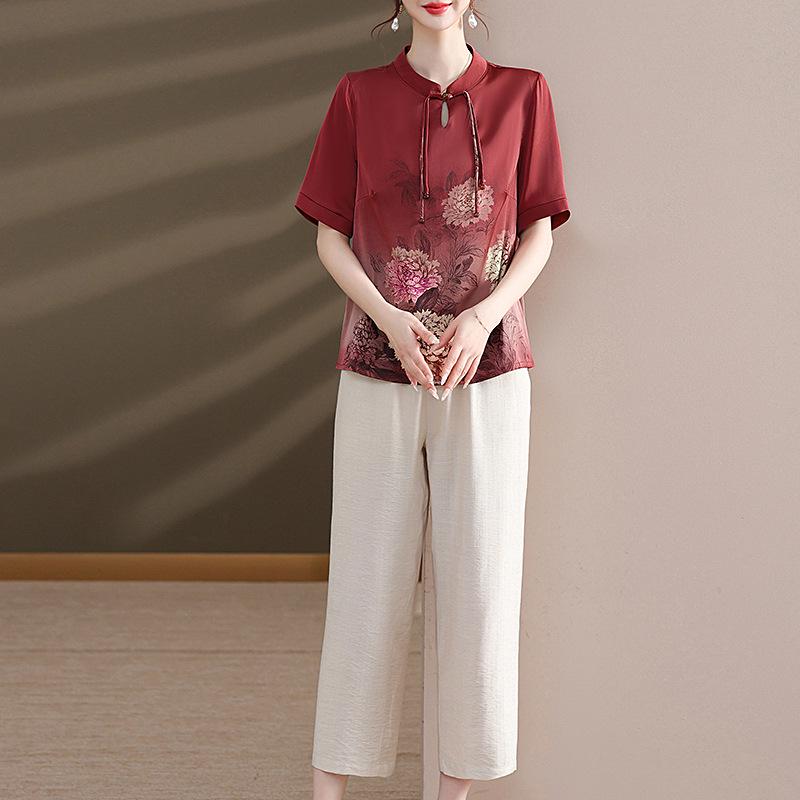 

Mom s 2026 Chinese Style Chiffon Suit: Short-Sleeve Printed Top for Middle-Aged and Elderly Women 2XL (for 120-135 lbs)
