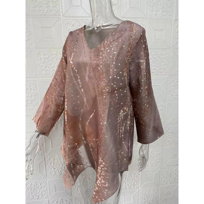 Spring Summer V-neck Printing Fashion Women Blouse New Casual Loose Irregular Top T-shirt Large Size Simple Elegant Office Shirt Women's Clothing