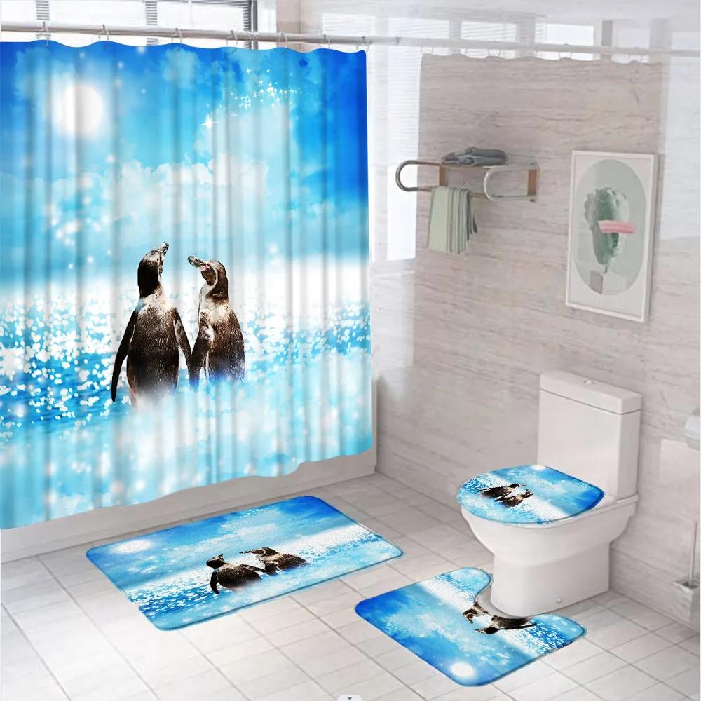 Funny Penguin Shower Curtain Set Animal Antarctic Ice Field Nature Blue Sky Bathroom Curtains Non-Slip Bath Mat Rug Toilet Cover