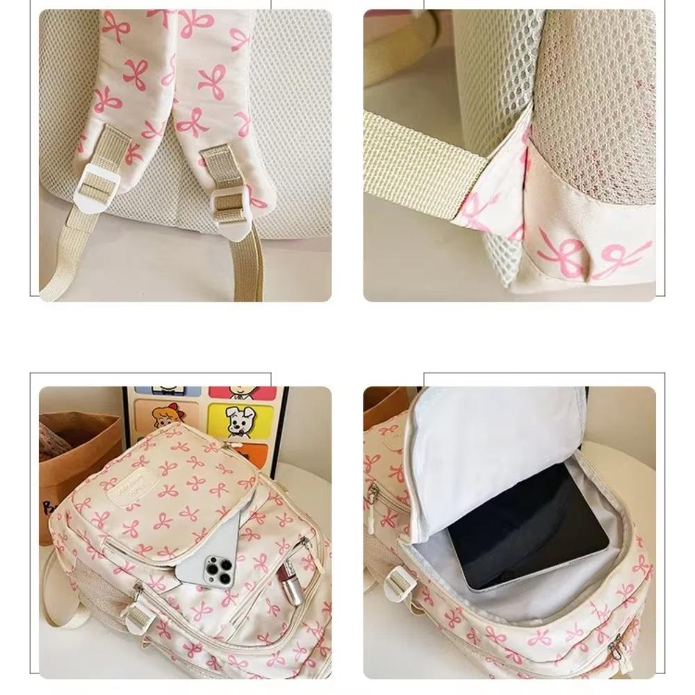 3 Pcs/Set Bow Print Nylon School Backpack, Cute Large Capacity Travel Schoolbag with Adjustable Straps