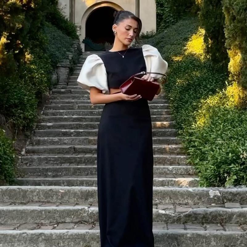Rochii maxi cu mâneci bufante mozaic Femei Elegante cu decolteu O rochie lungă cu mâneci scurte scobite Damă 2025 Rochii de vacanță de primăvară vară