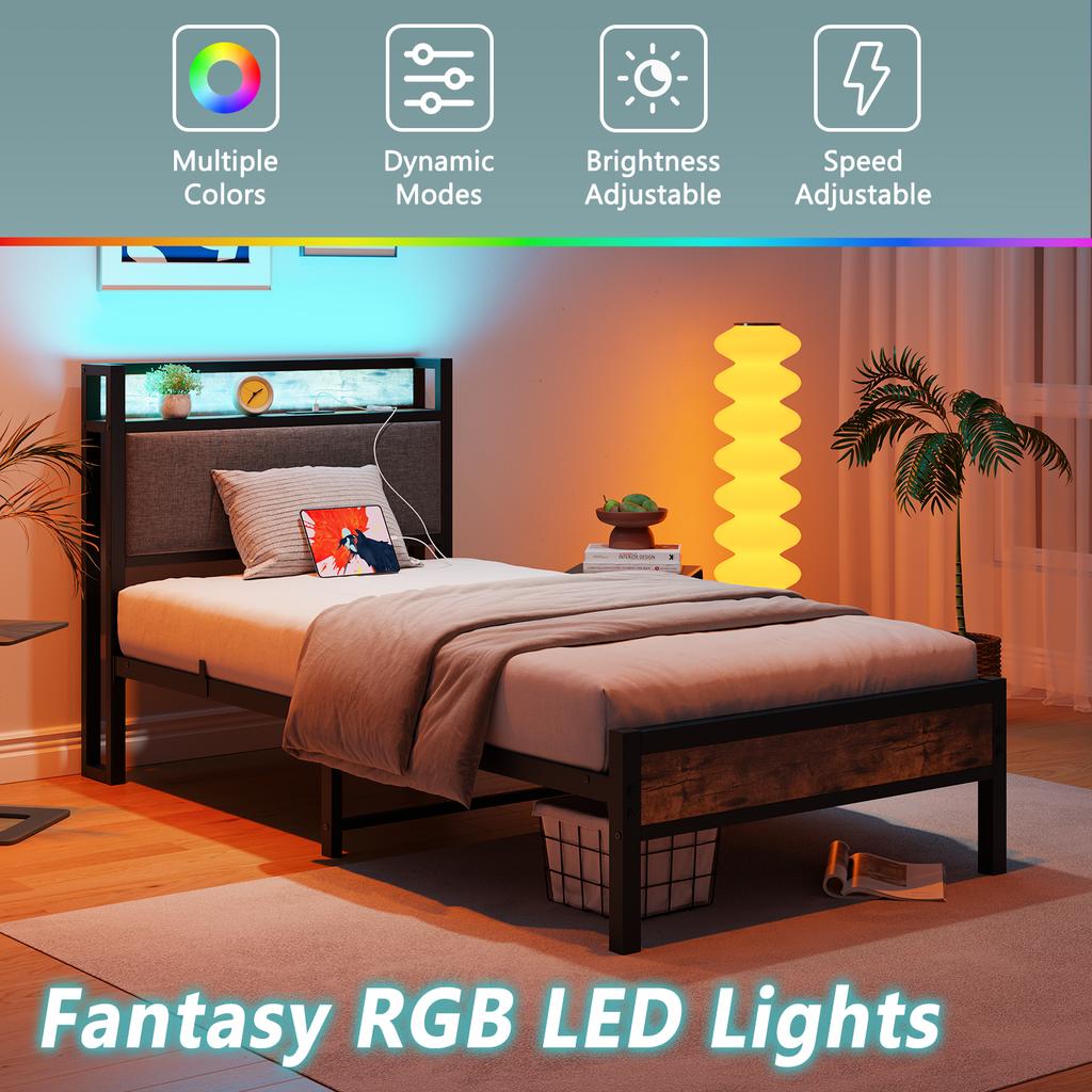90x200cm bed frame with LED lights, storage headboard with USB charging, heavy duty metal slat support, noise-free, assembly, no box spring required