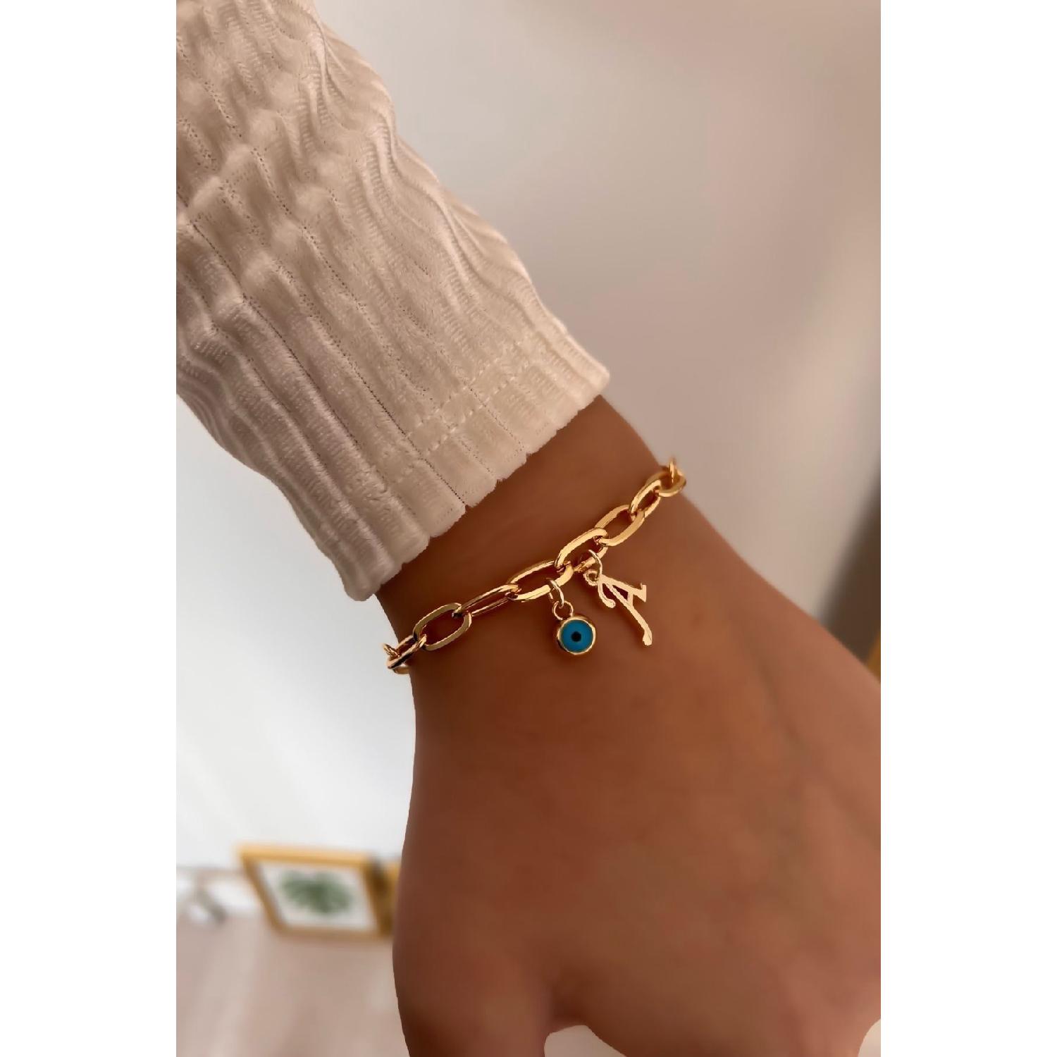 

Paper Clip Chain Bracelet With Letter A And Evil Eye Dangle 20 cm