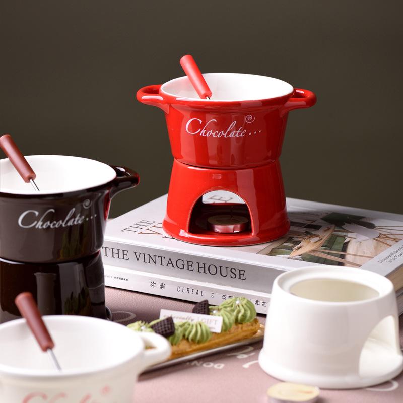 Creative Ceramic Fondue Pot Set with Forks - Ideal for Heating Chocolate and Cheese, Perfect for Home Gatherings