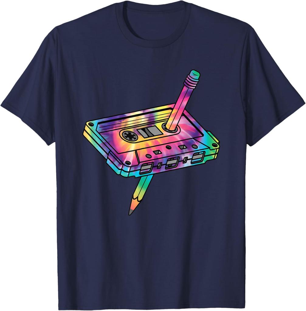 Retro Cassette Tape Tie Dye Graphic Tee 80s 90s Music Lover Casual Cotton T-Shirt