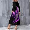 Women Plus Size V Neck Long Sleeve Black Purple Floral Print A Line Midi Dress With Pockets