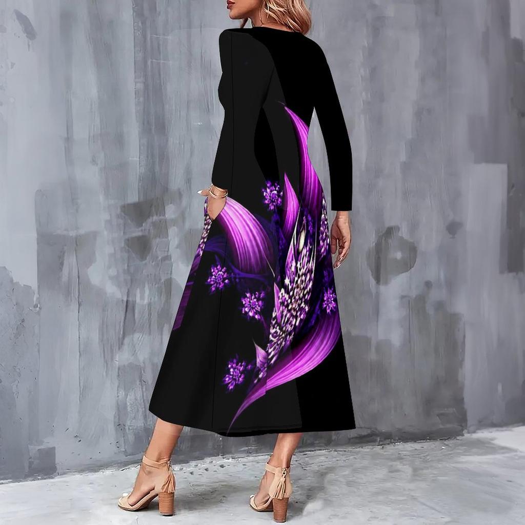 Women Plus Size V Neck Long Sleeve Black Purple Floral Print A Line Midi Dress With Pockets