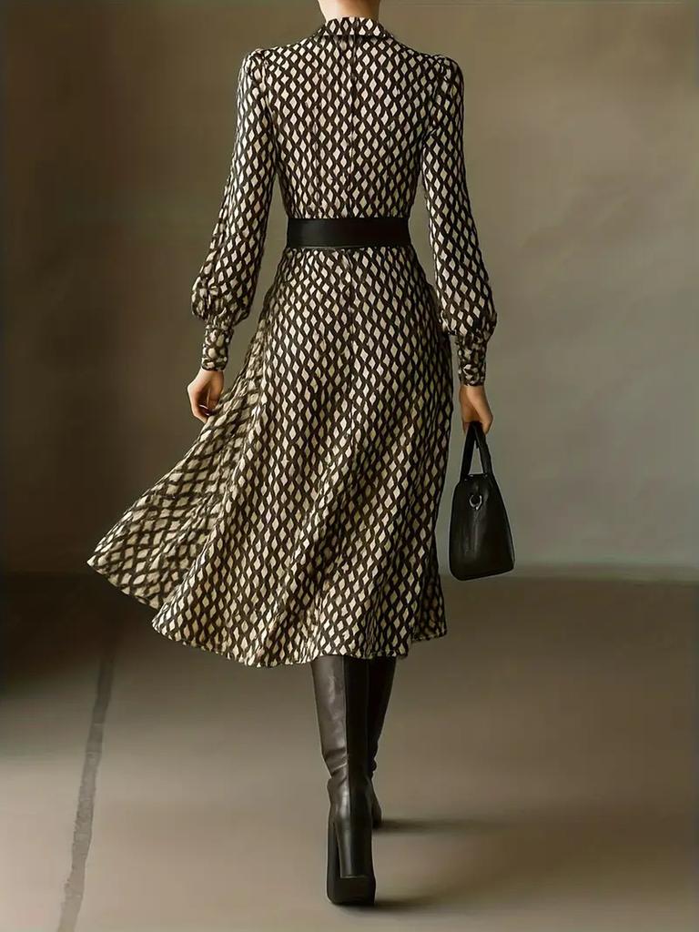 Women's Floral Long Sleeve Tie Waist Dress - Autumn/Winter Fashion